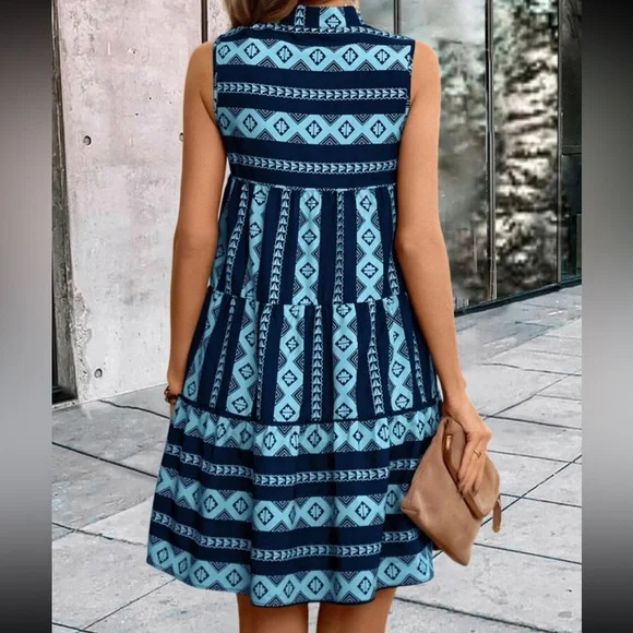 Boho Geometric Abstract Print Sleeveless Collar Dress - Picture 6 of 12